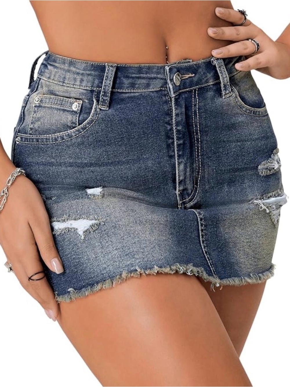 Forever 21 Distressed Dark Blue Denim Mini Skirt